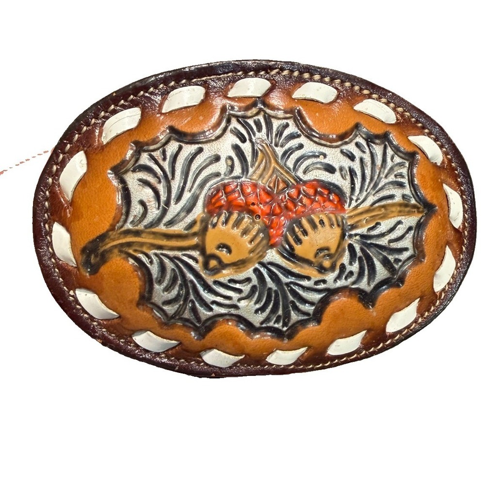 VTG Tony Lama Leather Belt Buckle Country Western USA Acorn Leaves Hand-Tooled